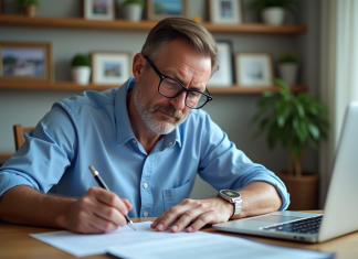 Déclaration départ à l’étranger : démarches et conseils essentiels à connaître Homme d'âge moyen remplissant des formulaires de voyage à son bureau