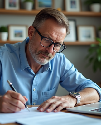 Homme d'âge moyen remplissant des formulaires de voyage à son bureau