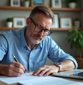 DĂ©claration dĂ©part Ă l’Ă©tranger : dĂ©marches et conseils essentiels Ă connaĂ®tre Homme d'âge moyen remplissant des formulaires de voyage Ă son bureau