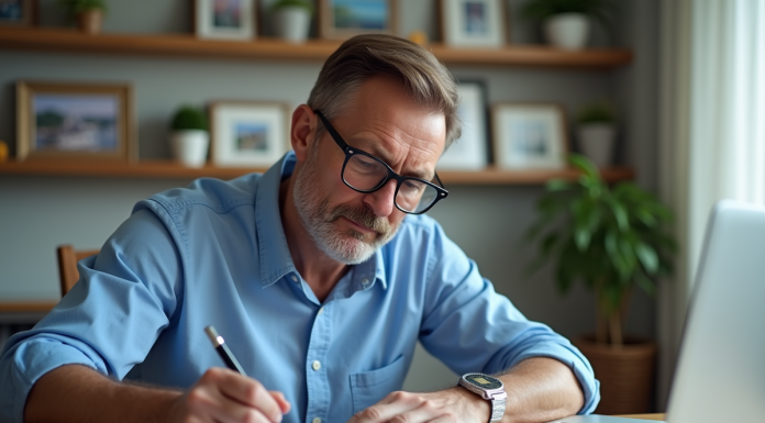 Homme d'âge moyen remplissant des formulaires de voyage à son bureau