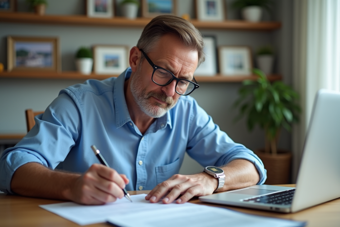 Homme d'âge moyen remplissant des formulaires de voyage à son bureau