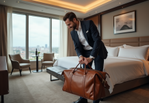 Chambre Hilton Deluxe : définition, caractéristiques et services exclusifs Homme en costume dans une suite d'hôtel haut de gamme