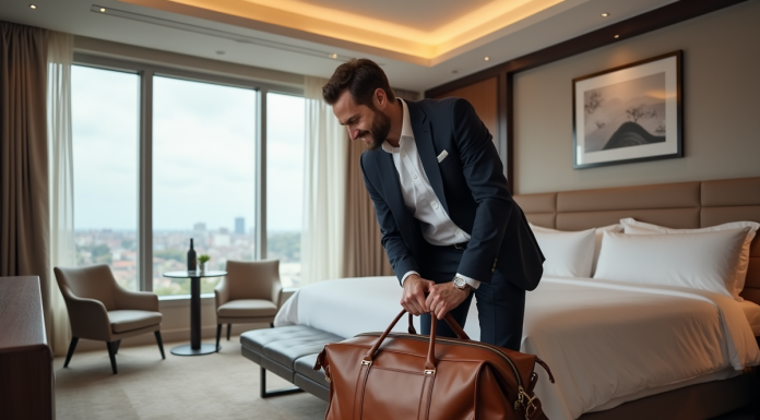 Homme en costume dans une suite d'hôtel haut de gamme