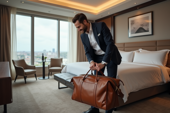 homme-suit-dressing-hotel Homme en costume dans une suite d'hôtel haut de gamme