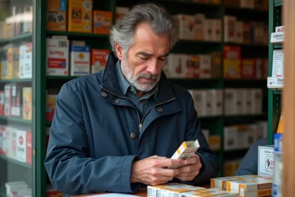 Homme fran&ccedil;ais examine un paquet de cigarettes espagnoles
