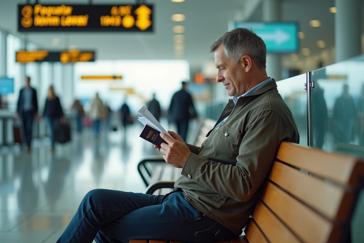Homme d'âge moyen en attente à l'aéroport avec documents