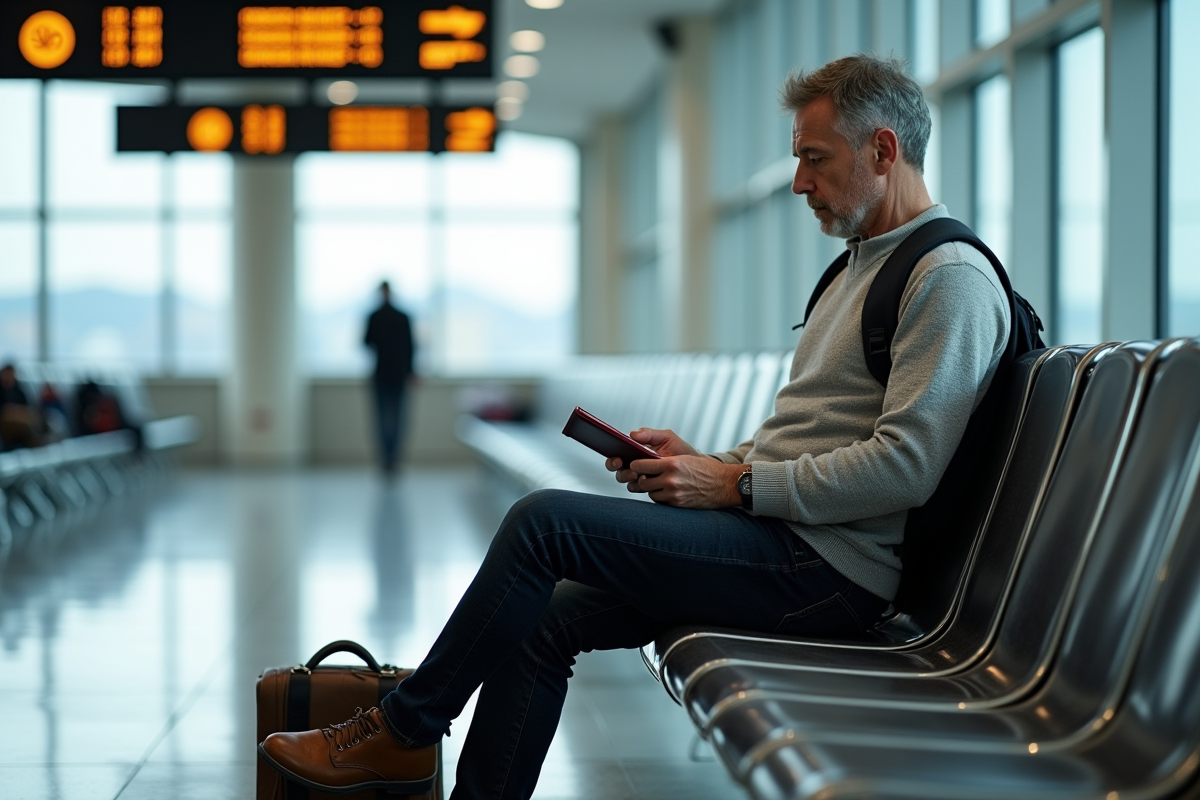 Homme en voyage regardant son passeport dans l