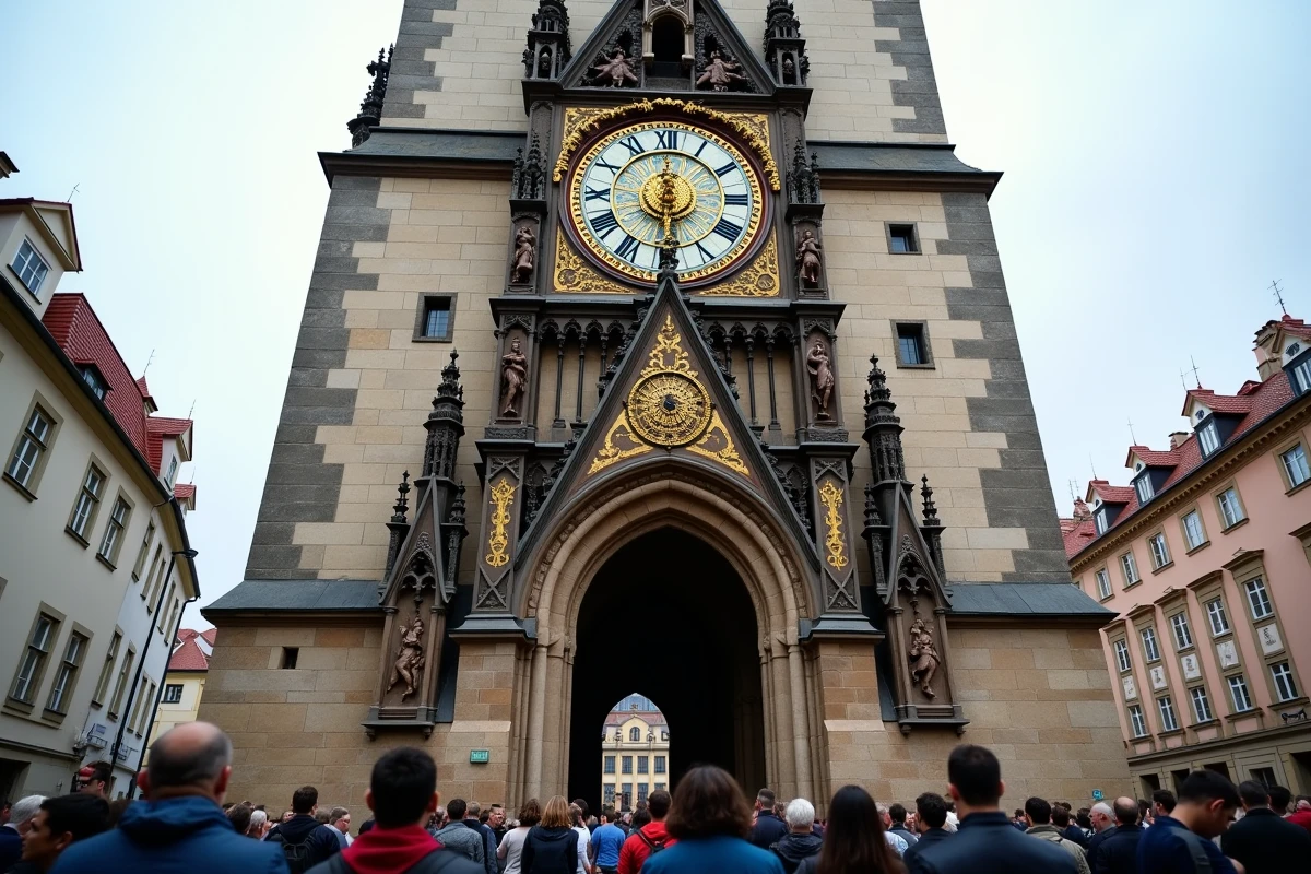 Horloge astronomique médiévale de Prague photographiée en contre-plongée depuis la place de la Vieille Ville