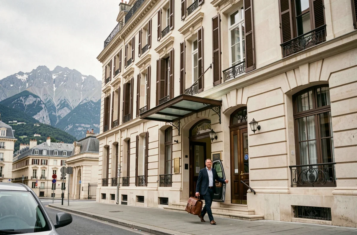 Façade classique de l'Hôtel Bristol à Pau avec architecture haussmannienne et chaîne des Pyrénées visible en toile de fond