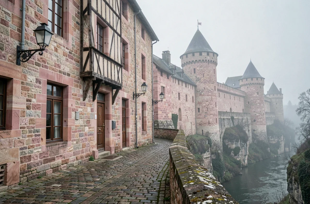 Hôtel de la Côte-d'Or à Semur-en-Auxois avec remparts médiévaux en granite rose et ruelles pavées de la cité fortifiée
