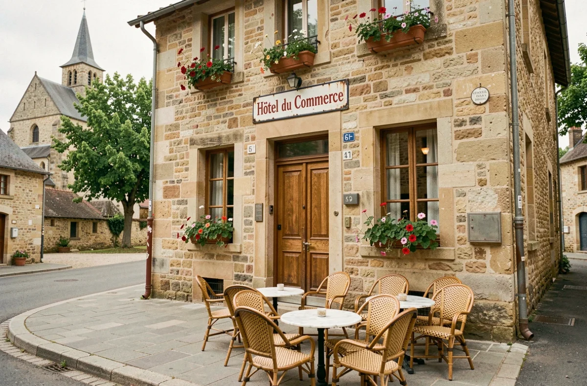 Façade de l'Hôtel Le Commerce à Saint-Fargeau avec terrasse de bistrot et enseigne émaillée sur la place du village