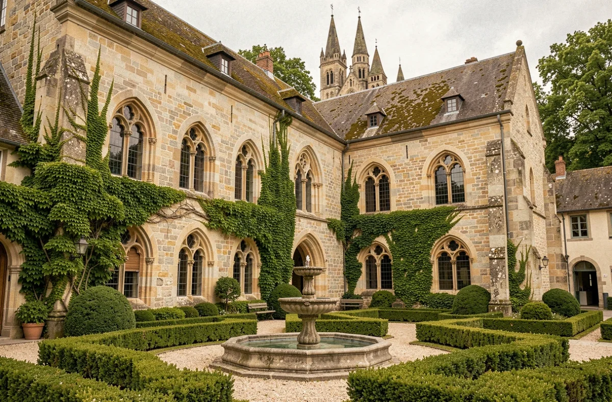 Façade en pierre de l'Hôtel Le Prieuré à Paray-le-Monial avec jardin intérieur et architecture romane bourguignonne