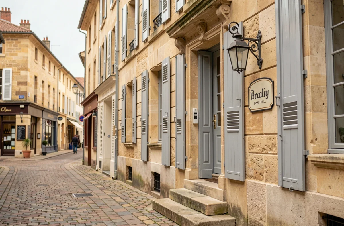 Façade de l'Hôtel les Vents d'Anges à Beaune avec volets gris et ambiance rue piétonne du centre historique