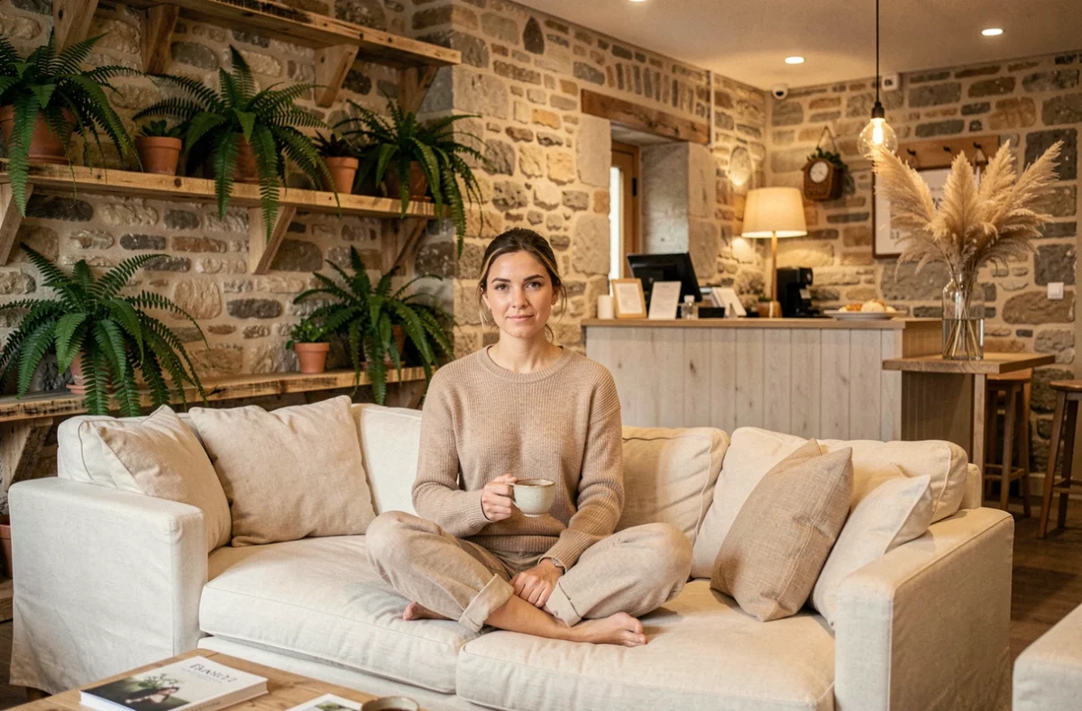 Salon douillet de l'Hôtel Espace Bien-Être La Maison du Lierre à Biarritz avec décor naturel et atmosphère apaisante