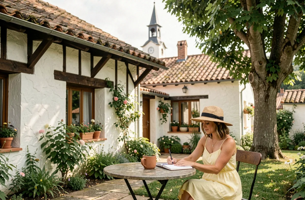 Maison d'hôtes basque de l'Hôtel Marie Eder à Arcangues avec terrasse ombragée et clocher du village en arrière-plan