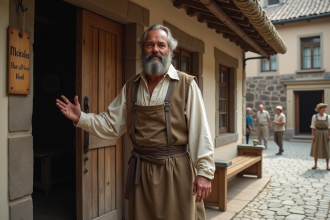 Homme innkeeper médiéval accueillant un voyageur devant le premier hôtel