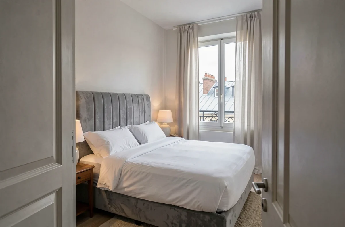 Chambre double confortable de l'hôtel Paris Orsay avec vue sur les toits parisiens et décoration sobre et élégante
