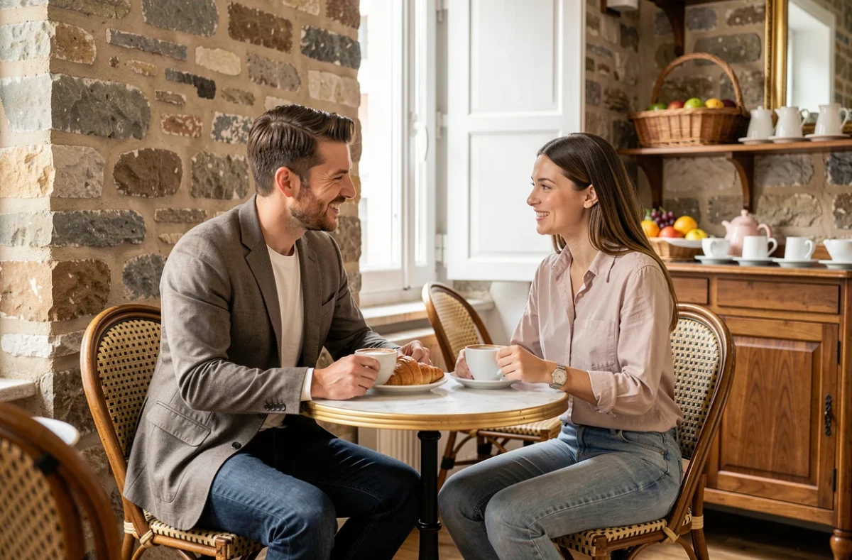 Couple de voyageurs prenant le petit-déjeuner dans la salle à manger de l'hôtel Paris Orsay, ambiance matinale parisienne authentique