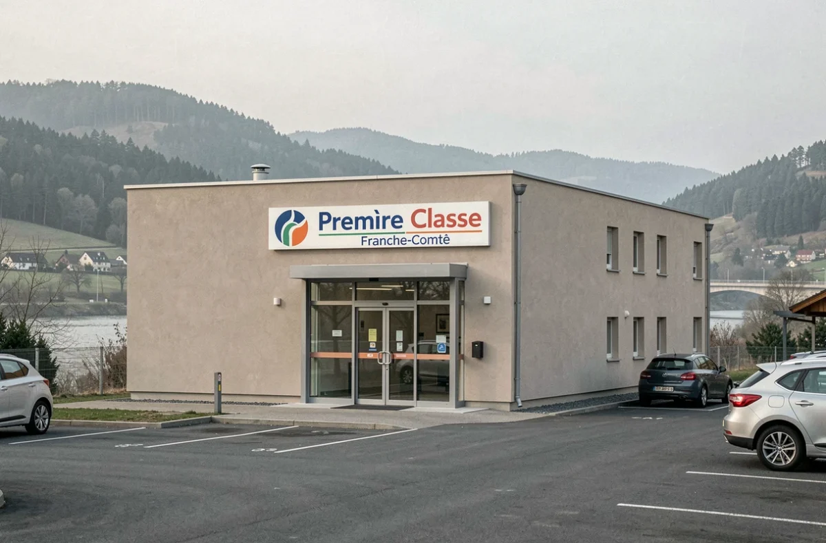 Extérieur de l'Hôtel Première Classe Besançon avec facade fonctionnelle moderne et parking en périphérie de la ville