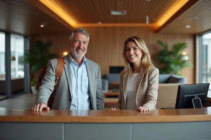 Couple d'adultes check-in à la réception d'un hôtel moderne