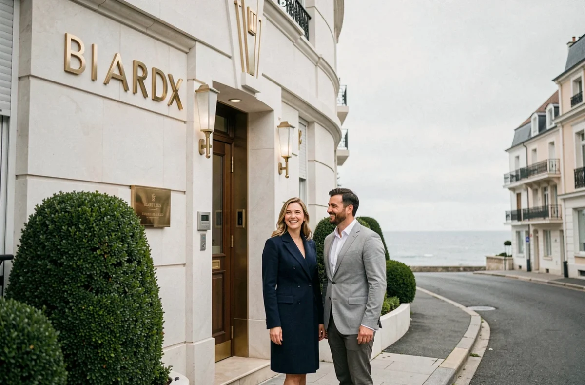 Façade élégante de l'Hôtel Silhouette à Biarritz avec couple devant l'entrée et aperçu de l'Atlantique en arrière-plan