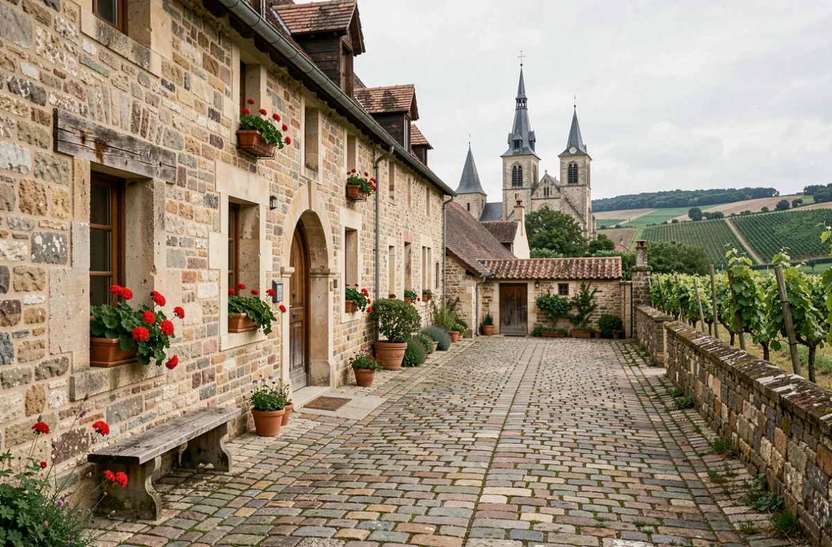 Cour intérieure d'un hôtel de charme pas cher en Bourgogne-Franche-Comté avec façade en pierre et ambiance village médiéval