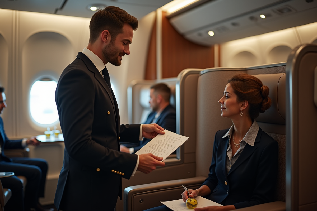 Hotesse en uniforme présentant un menu dans un avion privé
