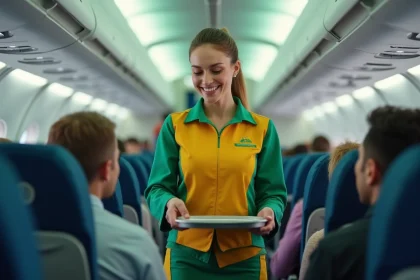 Hôtesse de l'air Transavia en uniforme servant un passager à bord d'un avion