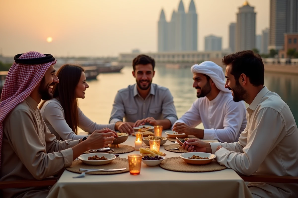 Groupe de touristes français et locaux émiratis partageant un repas d'iftar en terrasse à Dubaï
