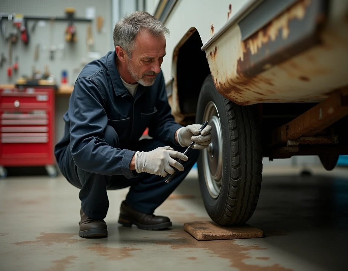 Mécanicien inspectant le châssis rouillé d'une caravane Eriba en atelier, évaluation de l'état avant achat d'une caravane occasion