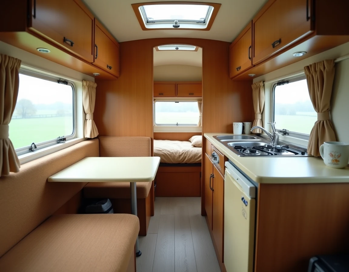 Intérieur restauré d'une caravane Eriba Triton avec banquette rayée vintage, table Formica et petite cuisine équipée