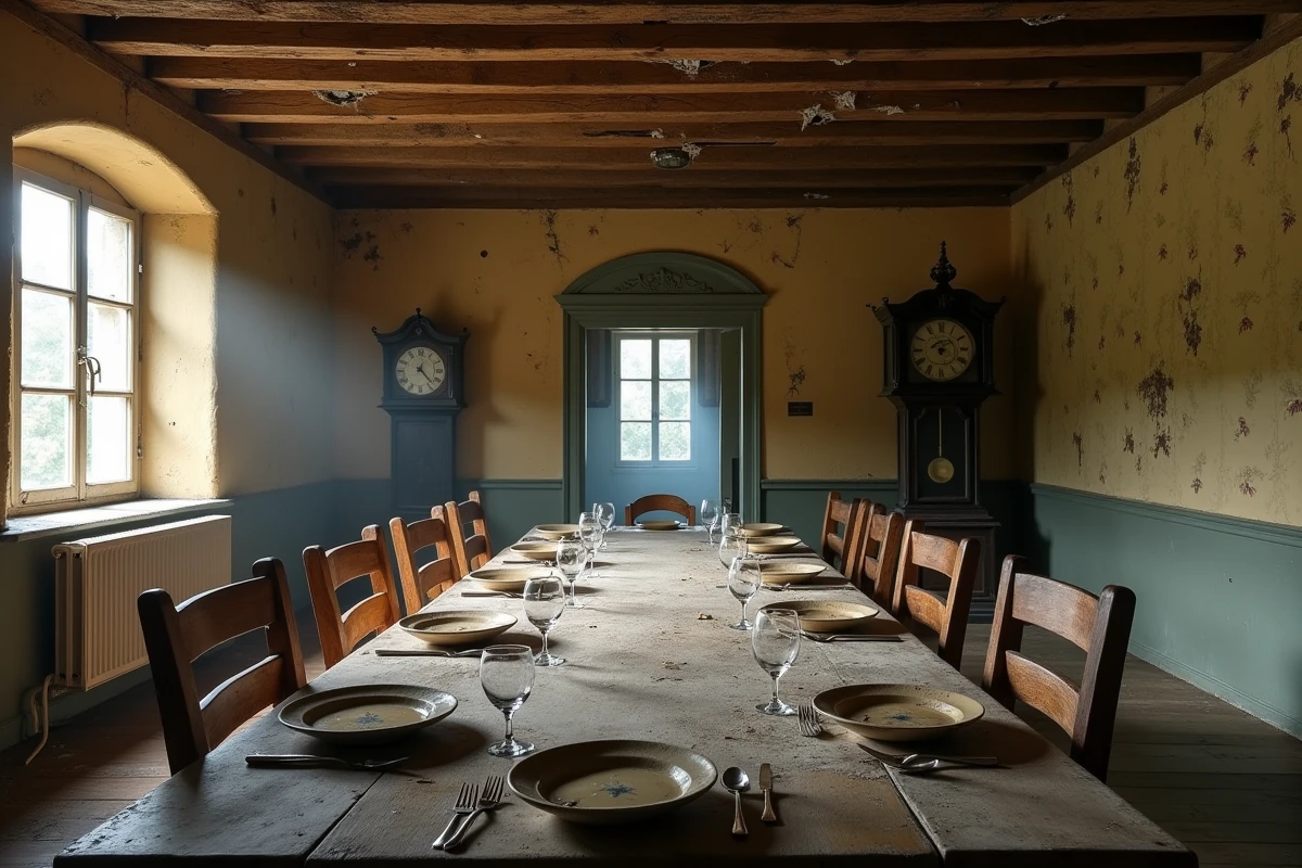 Intérieur abandonné d'une ferme française avec table dressée et papier peint décollé dans une maison fantôme