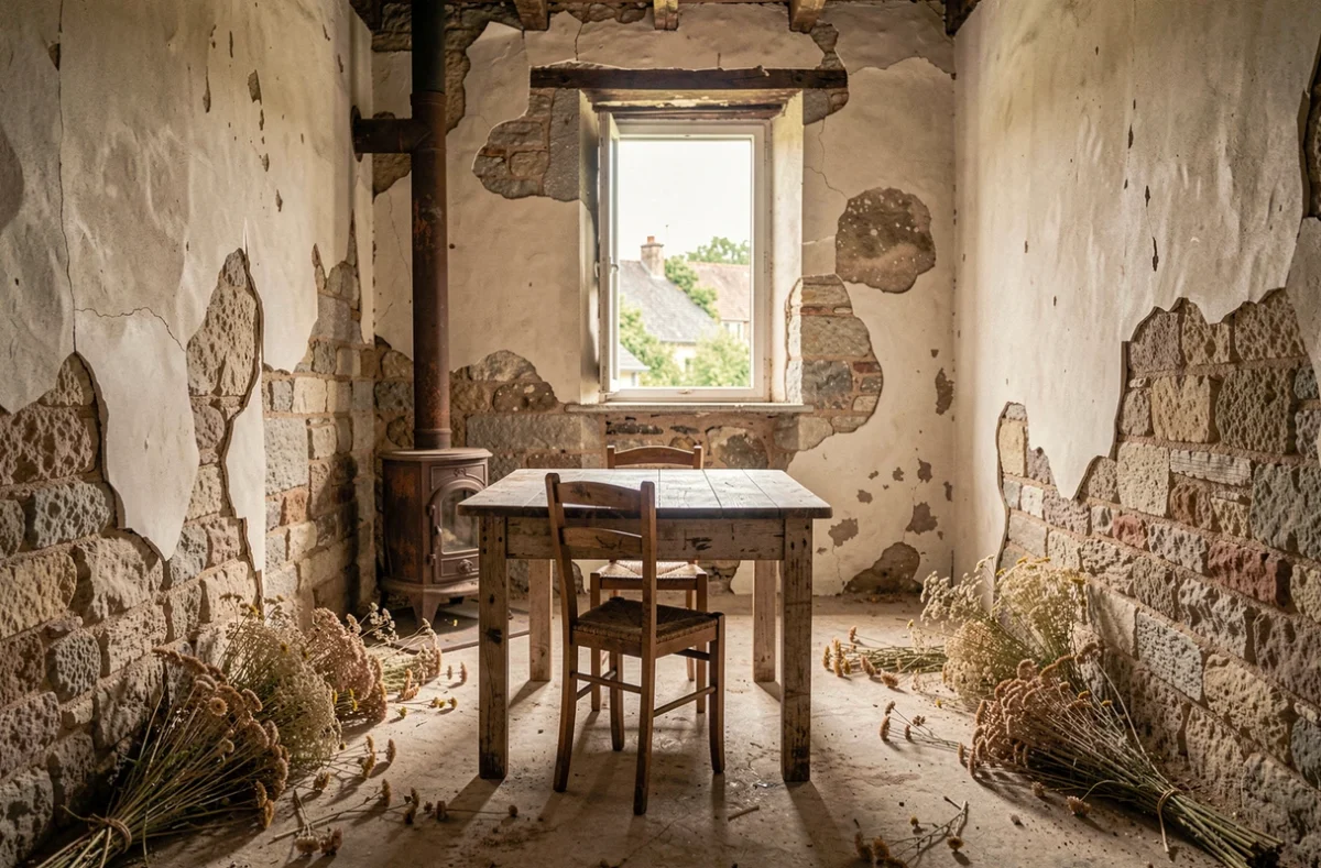 Intérieur en ruine d'une ferme abandonnée dans un village français, vieille table en bois et murs de pierre effrités