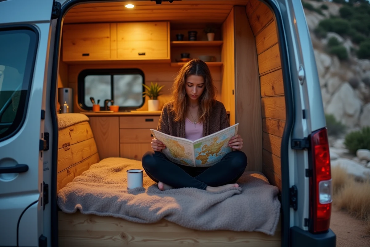 Intérieur aménagé d'un van aménagé avec une voyageuse consultant une carte topographique lors d'un bivouac près de la cascade de la Vis