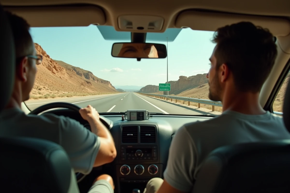 Vue int&eacute;rieure d'une voiture sur une autoroute espagnole en direction de S&eacute;ville lors d'un voyage depuis la France