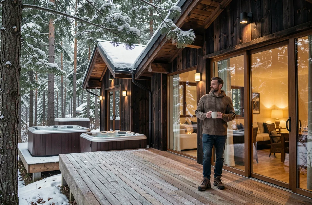 Chalets en bois modernes de l'Iskö Chalets-Hôtel dans les Pyrénées béarnaises entourés de forêt de pins en hiver