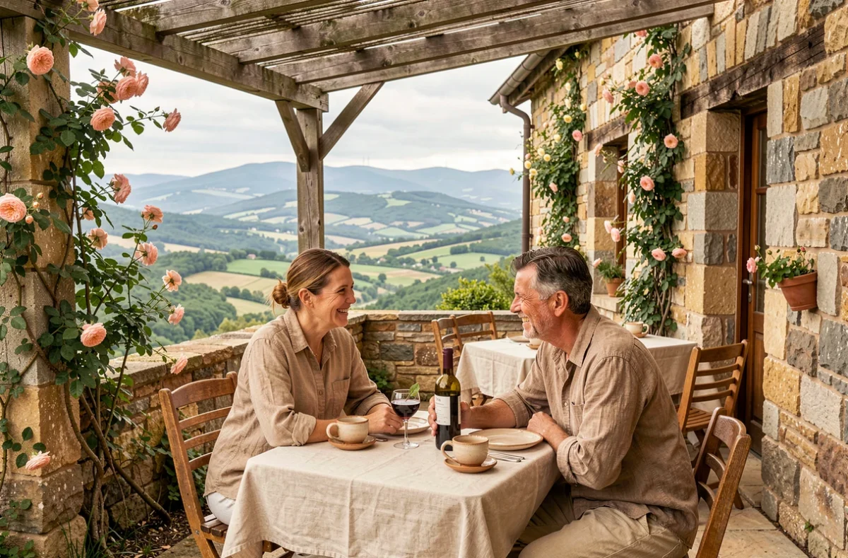 Terrasse panoramique des Jardins de Bakea à Biriatou avec vue sur les vallées basques et couple attablé en terrasse