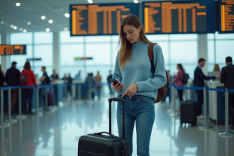 Jeune femme à l'aéroport vérifiant son smartphone