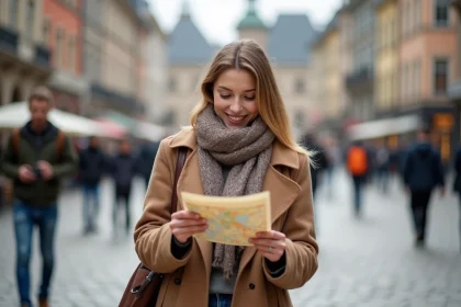 Jeune femme souriante consulte une carte en voyage en ville