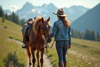Jeune femme guidant un cheval en montagne avec un chapeau