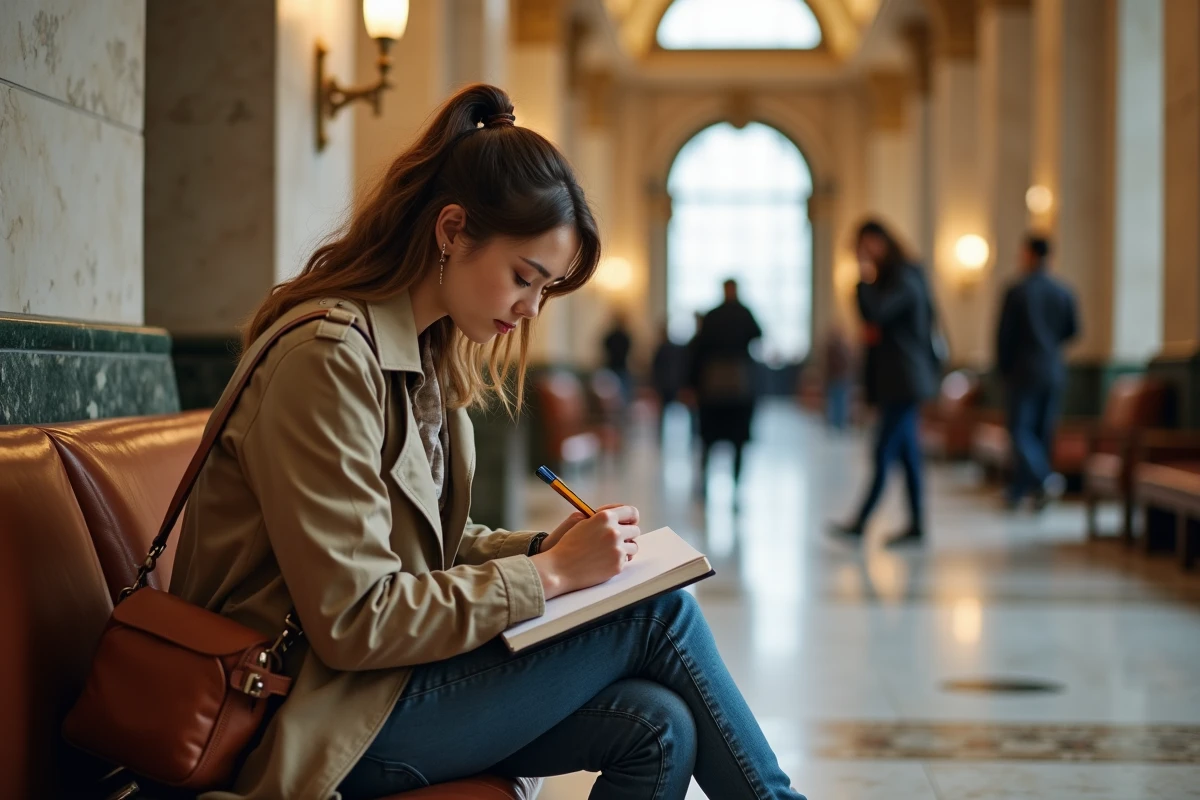 Jeune femme dessinant dans le lobby du Woolworth Building