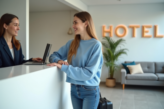 Jeune femme souriante à la réception d'un hôtel moderne
