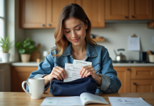 Jeune femme prépare ses documents de voyage dans la cuisine