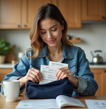 Jeune femme prépare ses documents de voyage dans la cuisine