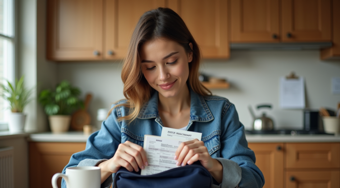 Jeune femme prépare ses documents de voyage dans la cuisine