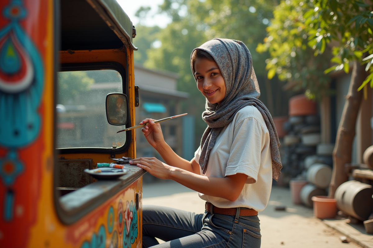 Jeune femme peint un tuk tuk dans une cour en plein air