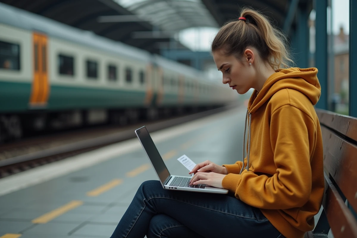 Jeune femme sur un quai de gare cherchant comment contacter le service client SNCF sur son ordinateur portable