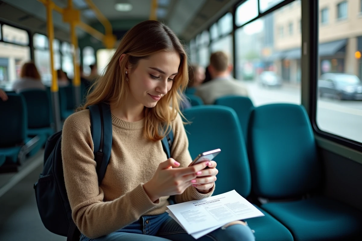 Jeune femme dans un bus urbain utilisant son smartphone