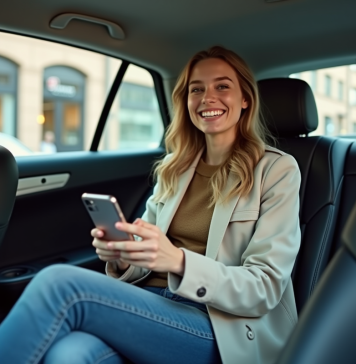 Bolt : pourquoi son tarif attractif ? Les raisons expliquées Jeune femme souriante dans une voiture citadine avec smartphone