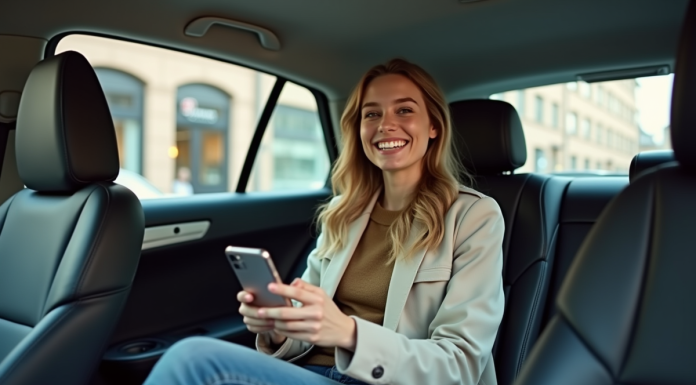 Jeune femme souriante dans une voiture citadine avec smartphone
